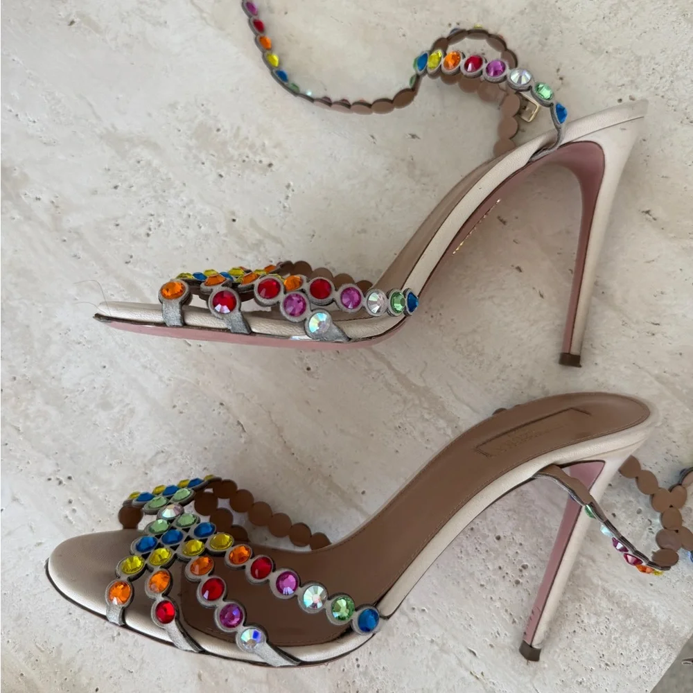 AQUAZZURA Tequila Crystal Embellished Sandals Rainbow 38 - Picture 3 of 6
